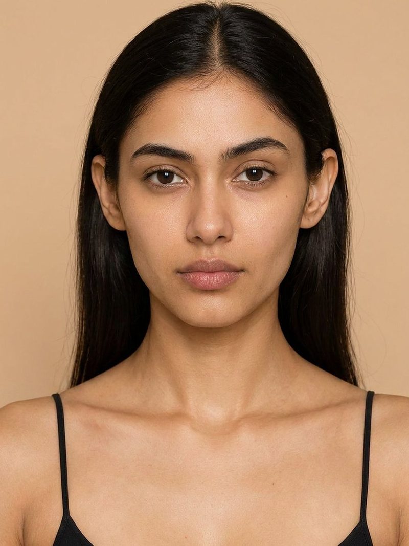 Aanya, AI-generated model: headshot with straight dark hair on a beige backdrop