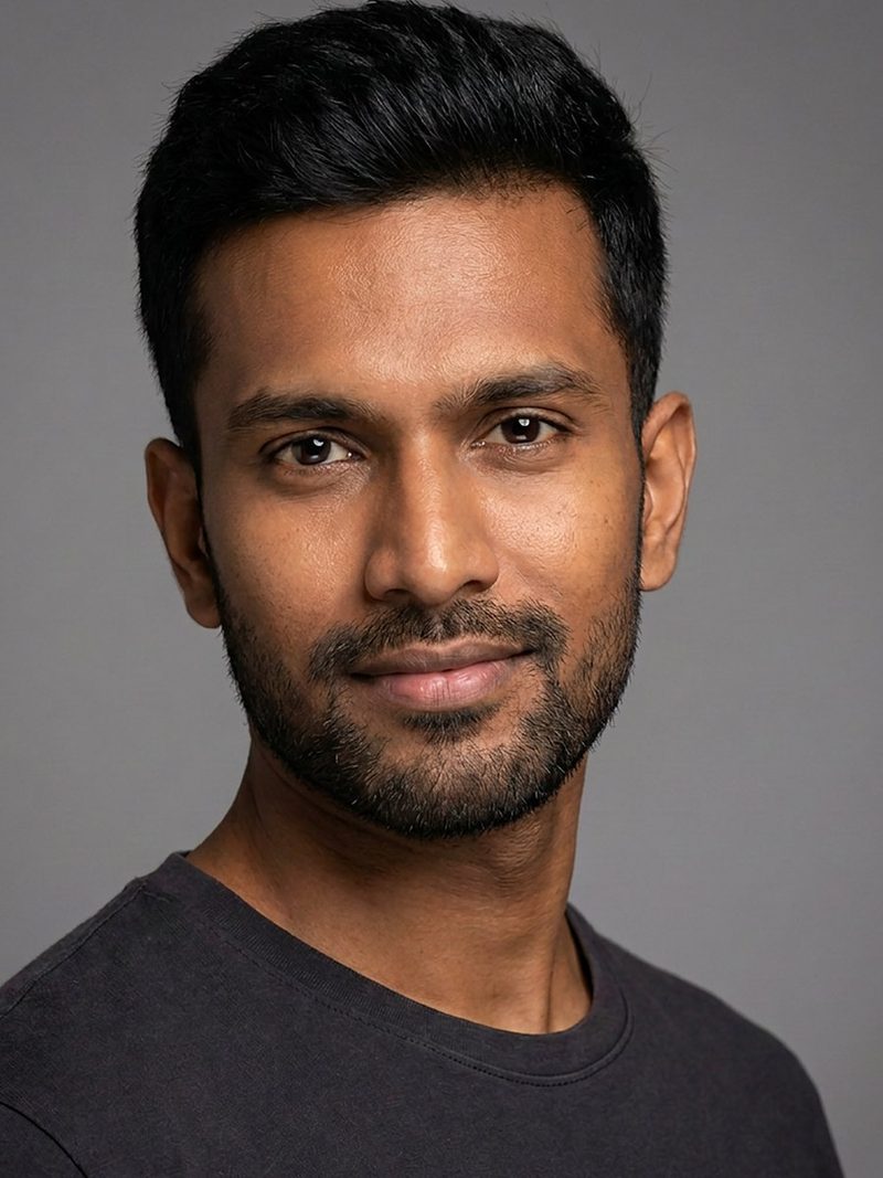 Dev, AI-generated model: headshot with a short beard in a dark tee