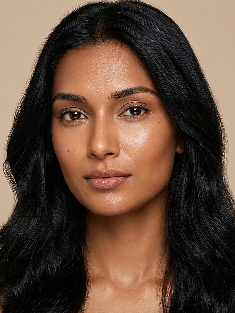 Mira, AI-generated model: headshot with long wavy dark hair on a beige backdrop