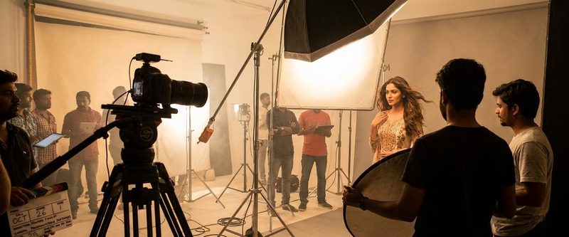 Real photoshoot in progress with camera, lights and crew