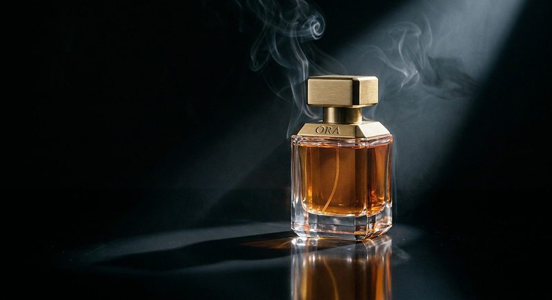 Amber perfume bottle with a gold cap in a beam of smoky light on black