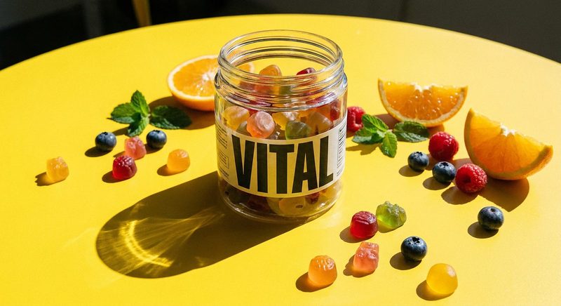 Jar of gummy vitamins with citrus slices and berries on a yellow table